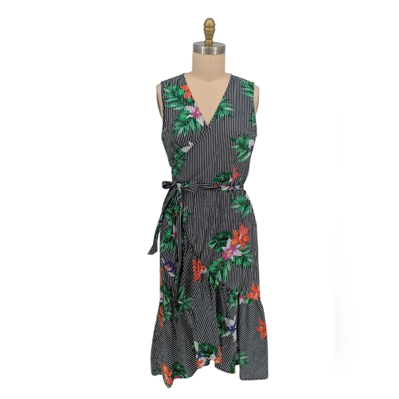 19902 Who What Wear Floral Striped Wrap Dress Black Green size Large preppy - Picture 1 of 6